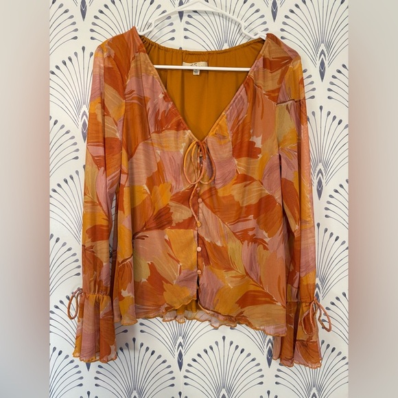 Le Sirene Tops - Orange and Brown Ruffled Bell Sleeve Tie Front Blouse
